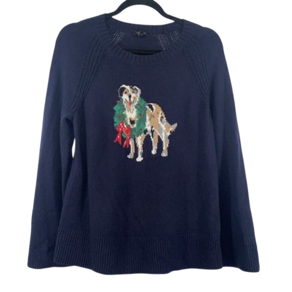 Talbots Navy Blue Australian Shepherd Dog Wreath Christmas Sweater MP
